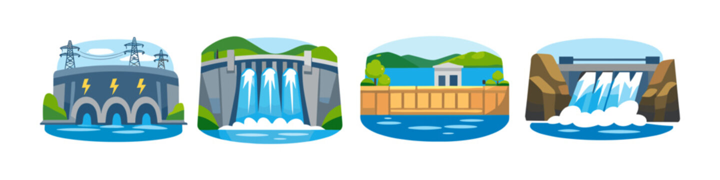 Collection of diverse hydroelectric dams generating clean renewable energy for power transmission