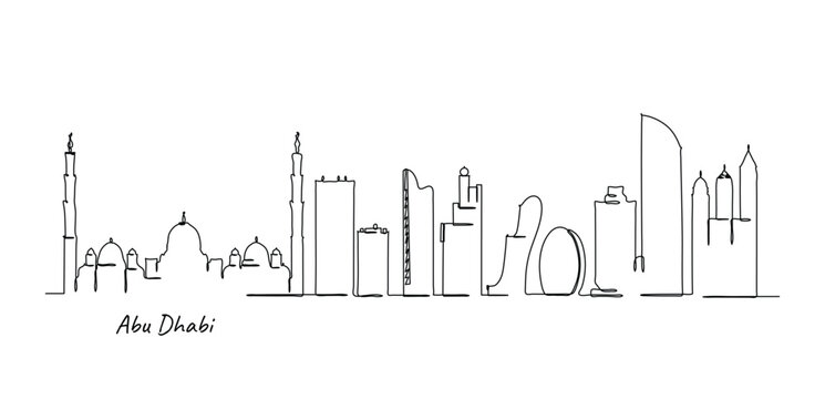 Continuous Line Art Drawing of Abu Dhabi City Skyline Sketch