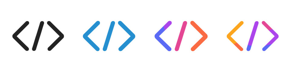 Obraz premium Set of four code brackets icons in black, blue, and gradient colors on white
