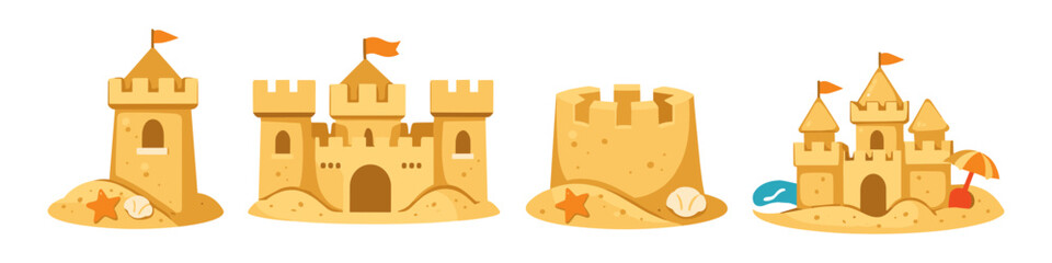Collection of four cartoon sandcastles with flags, shells, and beach toys on white background