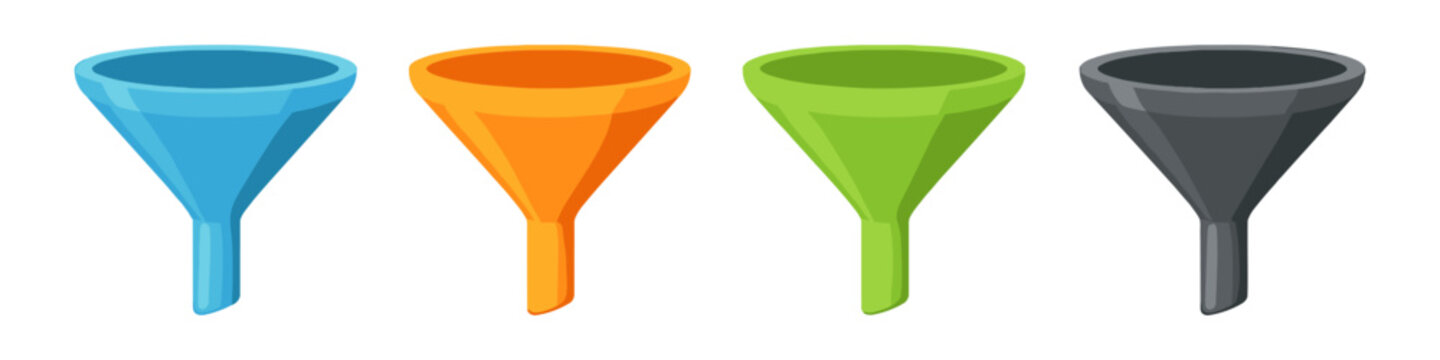 Four colorful funnels in a row, representing filtering and separation processes