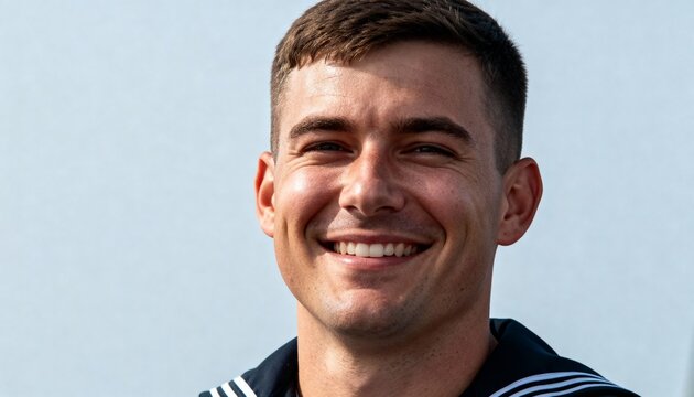 Young man in uniform smiling. Confident sailor portrait. Happy military service member