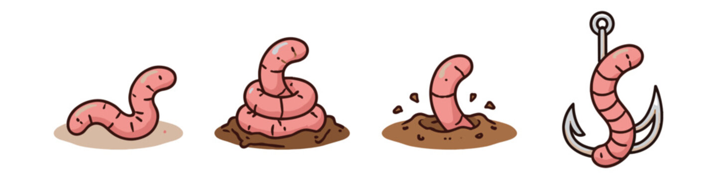 Cute cartoon earthworm icons showing a worm resting, coiled, emerging, burrowing and on a hook