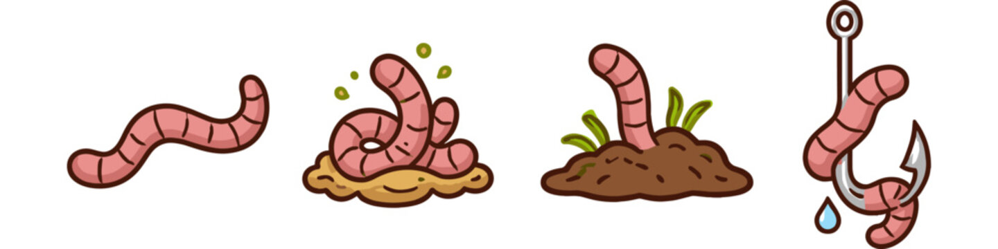 Cartoon earthworms in different stages: crawling, in soil, and on a fishing hook