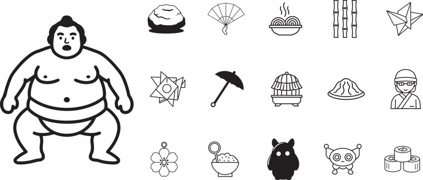 Japanese Culture Vector Icon Set &ndash; Sumo, Sushi, Origami, Mount Fuji, Cherry Blossom, Tea, Bamboo, Fan, Temple, Panda, Cat, Shuriken, Parasol, Crane, Stones