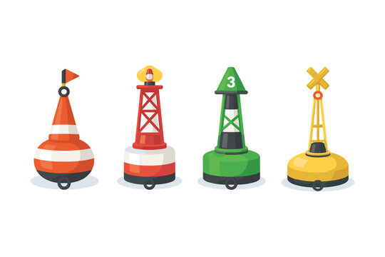 Collection of four distinct nautical buoys with varied shapes and colors on a white background