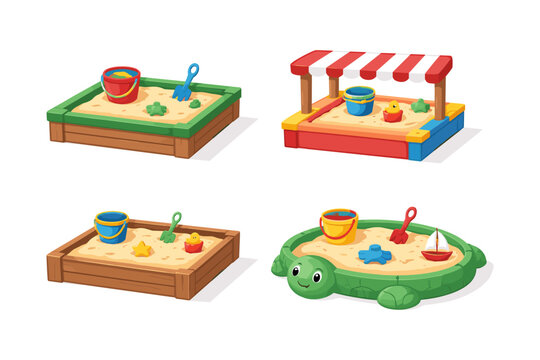 Collection of four cartoon sandbox illustrations with toys and sand for children's play