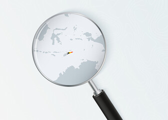 East Timor Map Under Magnifying Glass with National Flag Overlay.