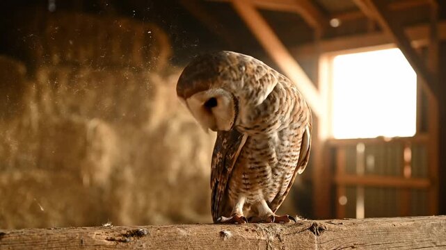 Barn owl grooms itself on a wooden beam amidst sunlit barn particles