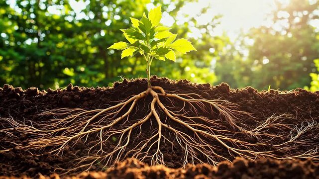 Young plant with exposed roots in soil