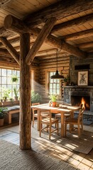 Fototapeta premium Cozy Log Cabin Dining Room with Fireplace and Natural Light.