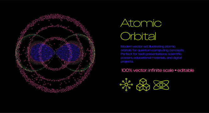 Vibrant vector illustration depicting stylized atomic orbitals as overlapping glowing figure-eight and spherical shapes formed by dense particle clouds in neon magenta, green, blue, and purple hues.