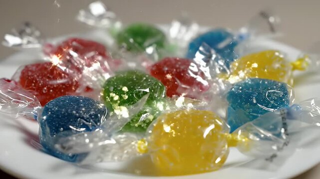Vibrant Multicolored Wrapped Hard Candies on White Plate, Sweet Confectionery Assortment.