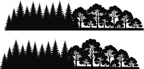 Collection of black silhouettes of pine and deciduous forest trees and woodland landscapes isolated on white background for graphic design.