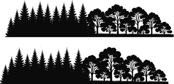 Collection of black silhouettes of pine and deciduous forest trees and woodland landscapes isolated on white background for graphic design.