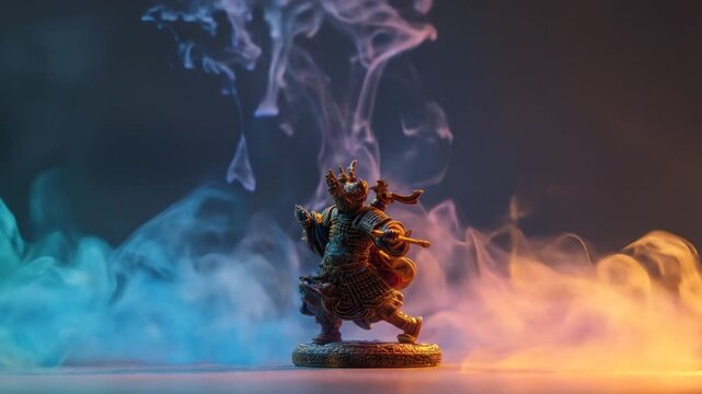 A small statue of a warrior in ornate armor stands amid colorful smoke clouds