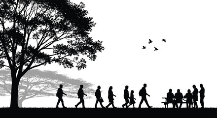 Black silhouette of people walking in a public park with large trees and birds while a group sits at a picnic table outdoors. © Mahsina