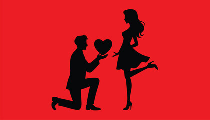 Romantic Proposal Silhouette of Man Giving Heart to Woman Vector Illustration.