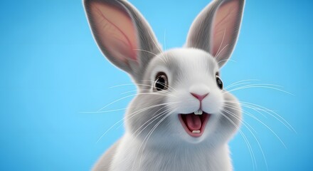 Obraz premium A white rabbit with its mouth open and ears perked up on blue background
