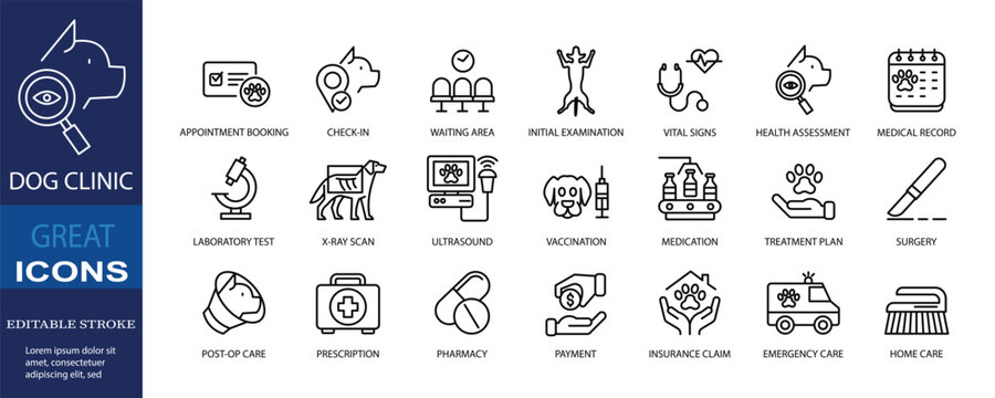 Set of icons for dog clinic. Editable stroke. Vector illustration	
