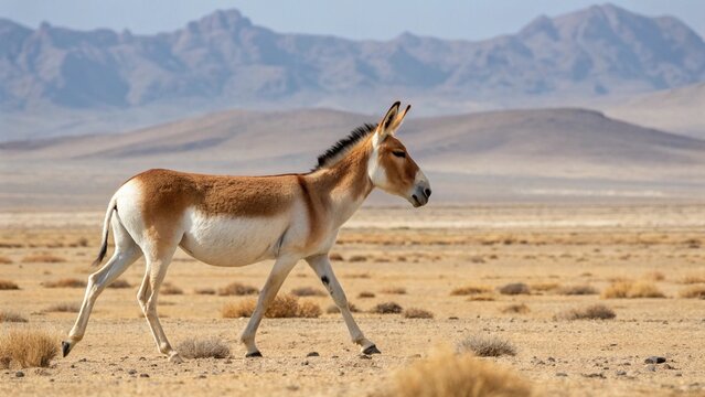 Wild Onager (Equus hemionus) or Asiatic Wild Ass standing in the arid desert steppe natural habitat.