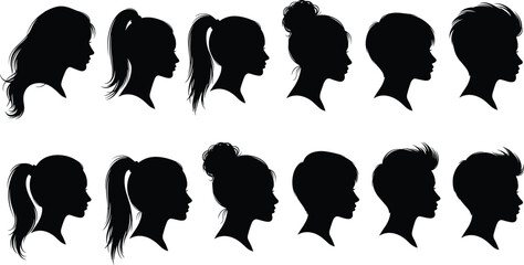 Collection of female profile silhouettes with various hairstyles including ponytail bun short hair and long wavy hair for beauty salon design,