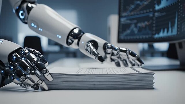 Futuristic Robotic Arm Efficiently Lifts and Organizes Documents in a Data-Driven Workspace.