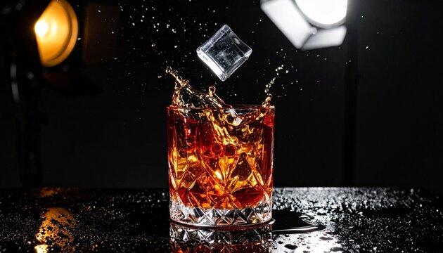 Dramatic splash of golden whiskey in a crystal rocks glass with falling ice cubes on a dark reflective surface