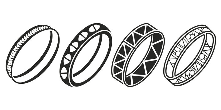 Four intricately designed rings showcasing various patterns and textures. Vector