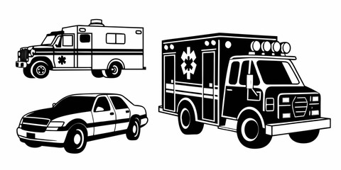 Emergency vehicles including an ambulance, police car, and fire truck Vector © Mithu