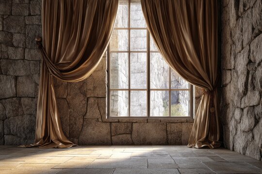 Opulent brown drapery frames a tall, segmented window set within a rough hewn stone chamber.