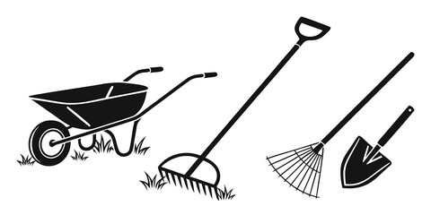 A collection of gardening tools including a wheelbarrow, rake, and shovel Vector © Mithu