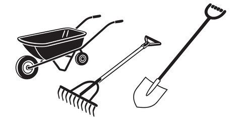 A collection of gardening tools including a wheelbarrow, rake, and shovel Vector © Mithu