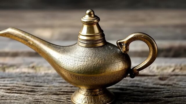 Golden lamp sits on a rustic wooden surface, showcasing its unique shape and detailed design in a well-lit setting