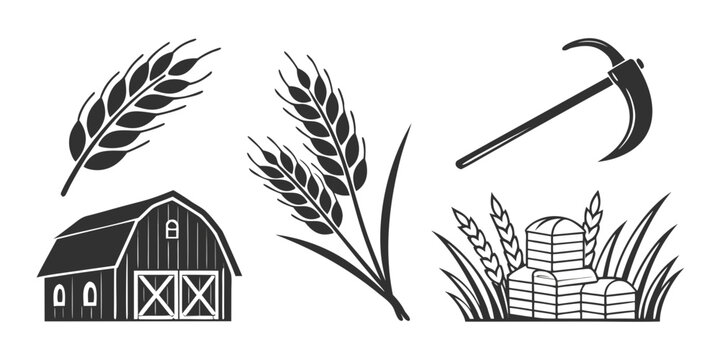 Illustration of farming tools and crops with a barn in the background Vector