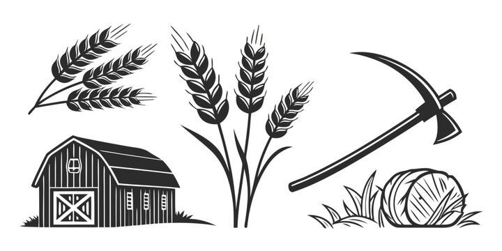 Farm scene with barn, wheat, and mining tools Vector