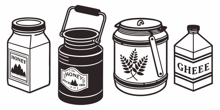 Assorted jars and containers on a tabletop with various contents Vector