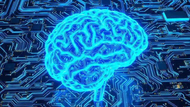 Blue glowing brain on circuit board