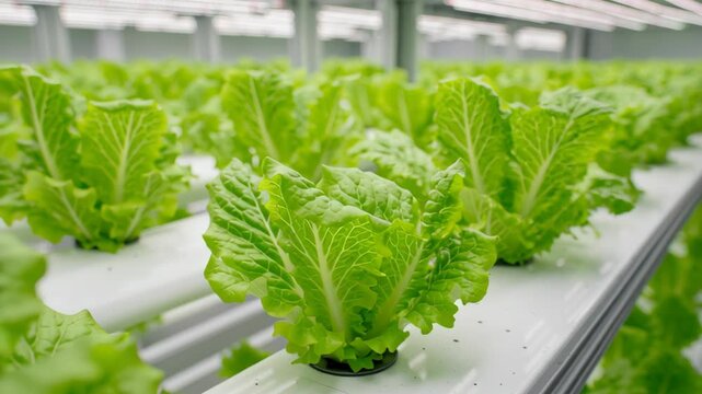Leafy vegetables growing in modern vertical farm. Healthy produce grown on multiple levels. Hydroponics green lettuce plots. High technology farming. Fertigation system. Veggie planted in small space
