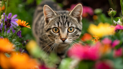 Curious tabby kitten exploring a colorful garden full of vibrant blooming flowers with a focused gaze surrounded by bright orange, pink, purple, and yellow petals