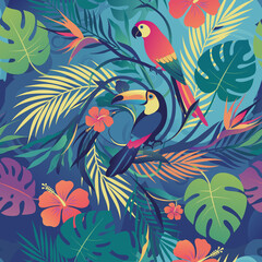 Obraz premium Vibrant tropical pattern featuring colorful parrots and toucans amidst lush exotic foliage and flowers, perfect for wallpapers and textiles