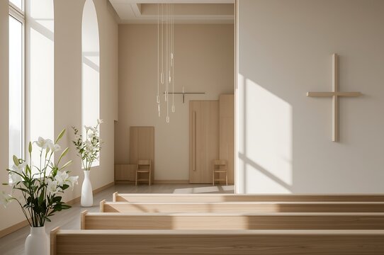 Serene church interior with pews, cross, flowers, and soft light streaming through large windows