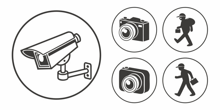 Security measures including surveillance cameras and personal protective equipment Vector