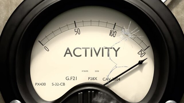Activity meter showing big levels of activity. Dangerously increasing high values of activity, critical overload. Too much, off the charts. Max activity