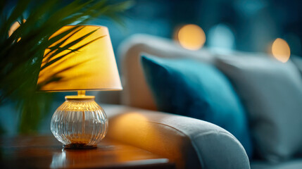 Cozy modern living room with a glowing table lamp and soft bokeh—concept of home privacy and hidden surveillance in a smart home