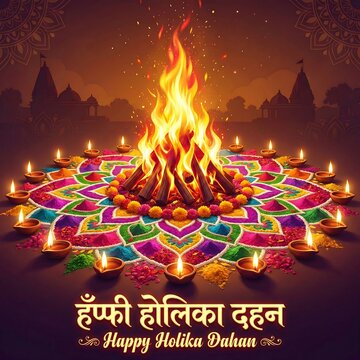 Vibrant celebration of holika dahan with a colorful rangoli and sacred fire.