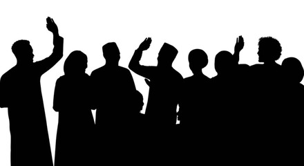 Silhouettes of a diverse group of people raising their hands in celebration or applause.