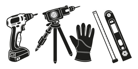 Fototapeta premium Assorted tools and protective gloves displayed in a row Vector