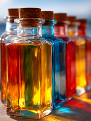 Vibrant glass bottles filled with colorful liquids and sealed with cork stoppers displaying warm sunlight reflections on a smooth surface in a blurred background