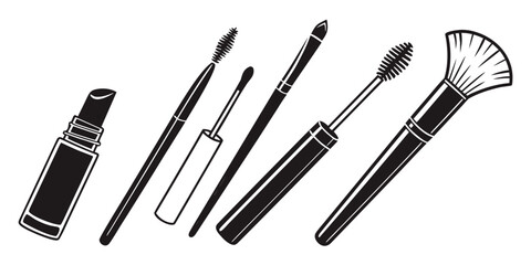 Obraz premium A variety of makeup brushes and a phone placed on a white background. Vector